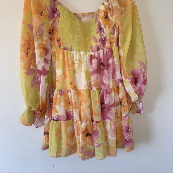 Square Neck Puffy Sleeve Smocked Babydoll Dress Floral Flowy Short Dress S - Picture 5 of 7